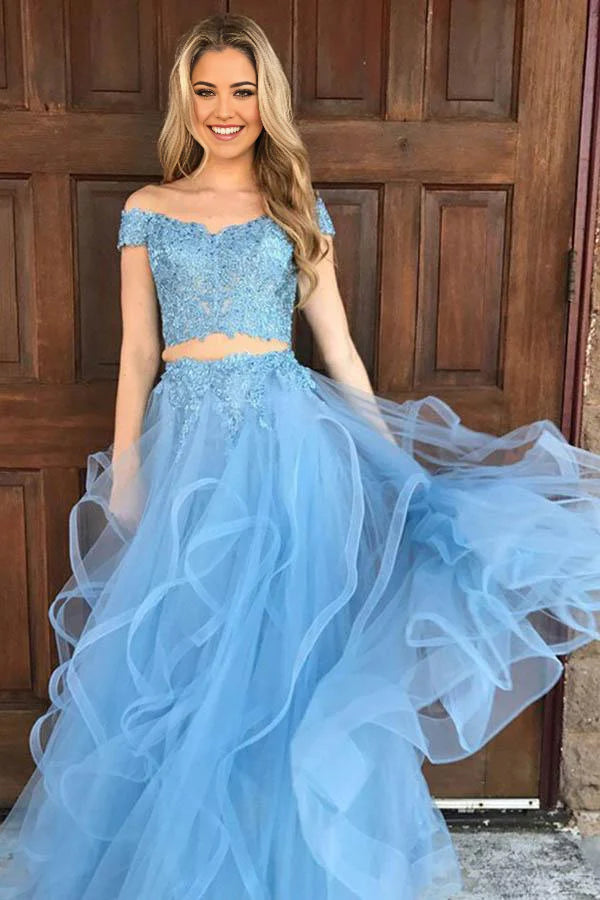 Vestido de noche formal de dos piezas con hombros descubiertos en organza azul cielo, vestido de fiesta con apliques